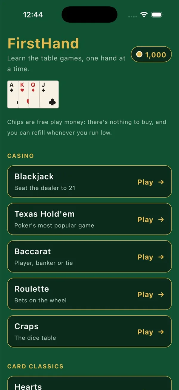 FirstHand's home screen with the list of games