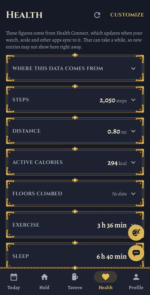 HarvestHold's Health screen