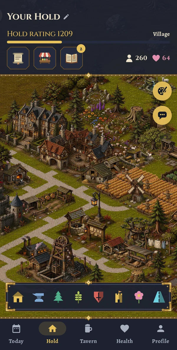 HarvestHold's hold: a village of farms, workshops and houses