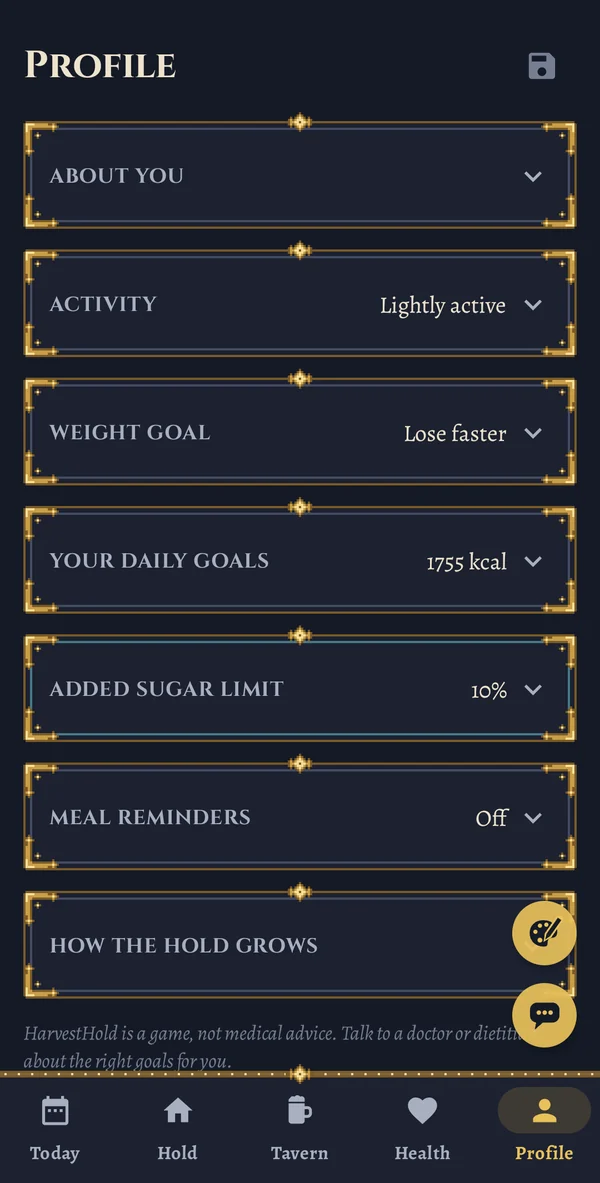 HarvestHold's Profile screen