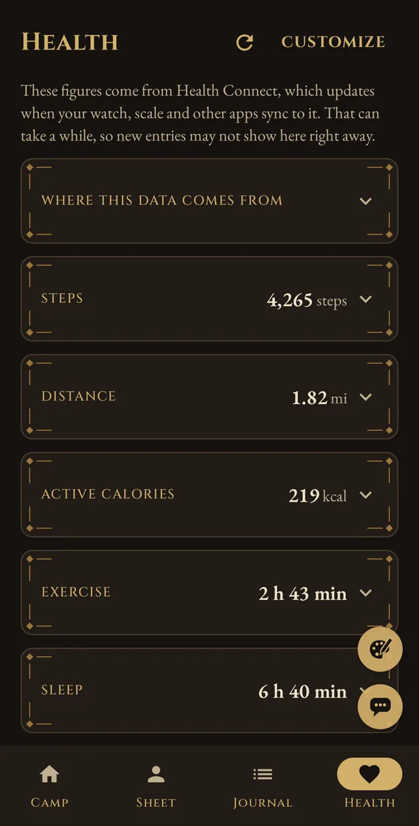 SetSaga's Health screen